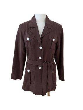 Silk House Womens 100% Silk Utility Jacket Size S Brown Lightweight Belt Luxury